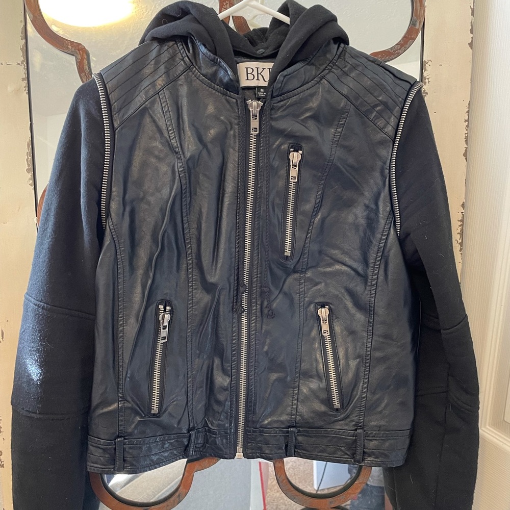 BKE pleather hoodie jacket. Fitted and hits at waistline.